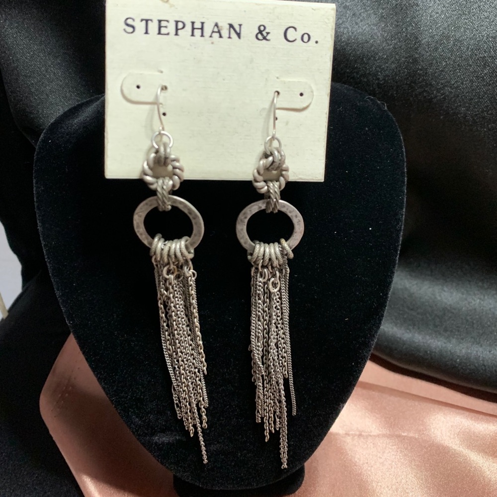 Costume Silver Tone Circle Chain Dangle Earrings - image 1
